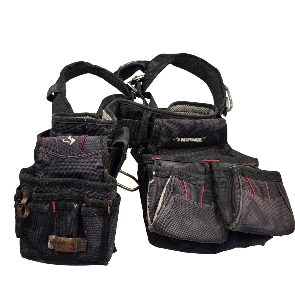 Husky Black Padded Tool Belt Suspenders Rig with Pouches and Hammer Loop T3